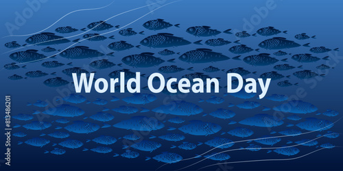 World Oceans Day. Vector illustration. School of fish.