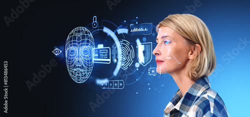 Young woman and biometric scanning, digital hologram and encrypted data