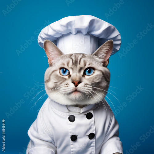 Cat wearing chef's outfit and Chef hat. © valentyn640