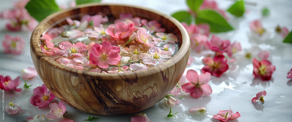 Soft Pink Blooms Adorn A Wooden Bowl Filled With Water, Peace and Relaxation Soft Pink Blooms Adorn A Wooden Bowl Filled With Water, Peace and Relaxation