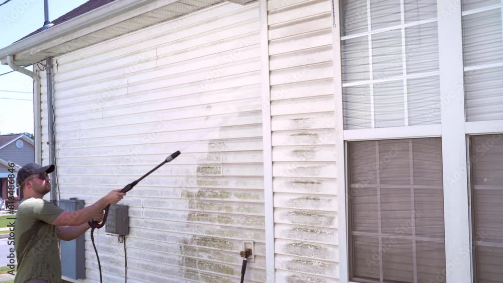 Homeowner pressure washing side of house on summer day. Homeowner pressure washing side of house on summer day.