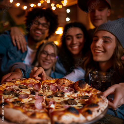Smiling blurred multiracial group of young friends at an outdoor pub table sharing a large ham and mushroom pizza. Festive males and females are partying and having fun