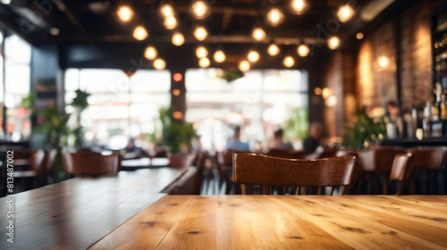 Empty restaurant with wooden tables and chairs.