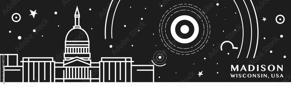 Madison, Wisconsin city thin line style banner with black and white cityscape and skyline. Chalkboard vector horizontal illustration, header, footer for USA, American state Madison, Wisconsin city thin line style banner with black and white cityscape and skyline. Chalkboard vector horizontal illustration, header, footer for USA, American state