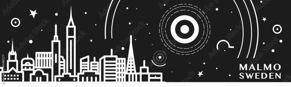 Malmo city thin line style banner with black and white cityscape and skyline. Chalkboard vector horizontal illustration, header, footer for Sweden Malmo city thin line style banner with black and white cityscape and skyline. Chalkboard vector horizontal illustration, header, footer for Sweden