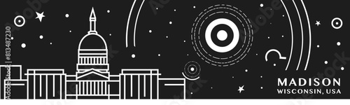 Madison, Wisconsin city thin line style banner with black and white cityscape and skyline. Chalkboard vector horizontal illustration, header, footer for USA, American state