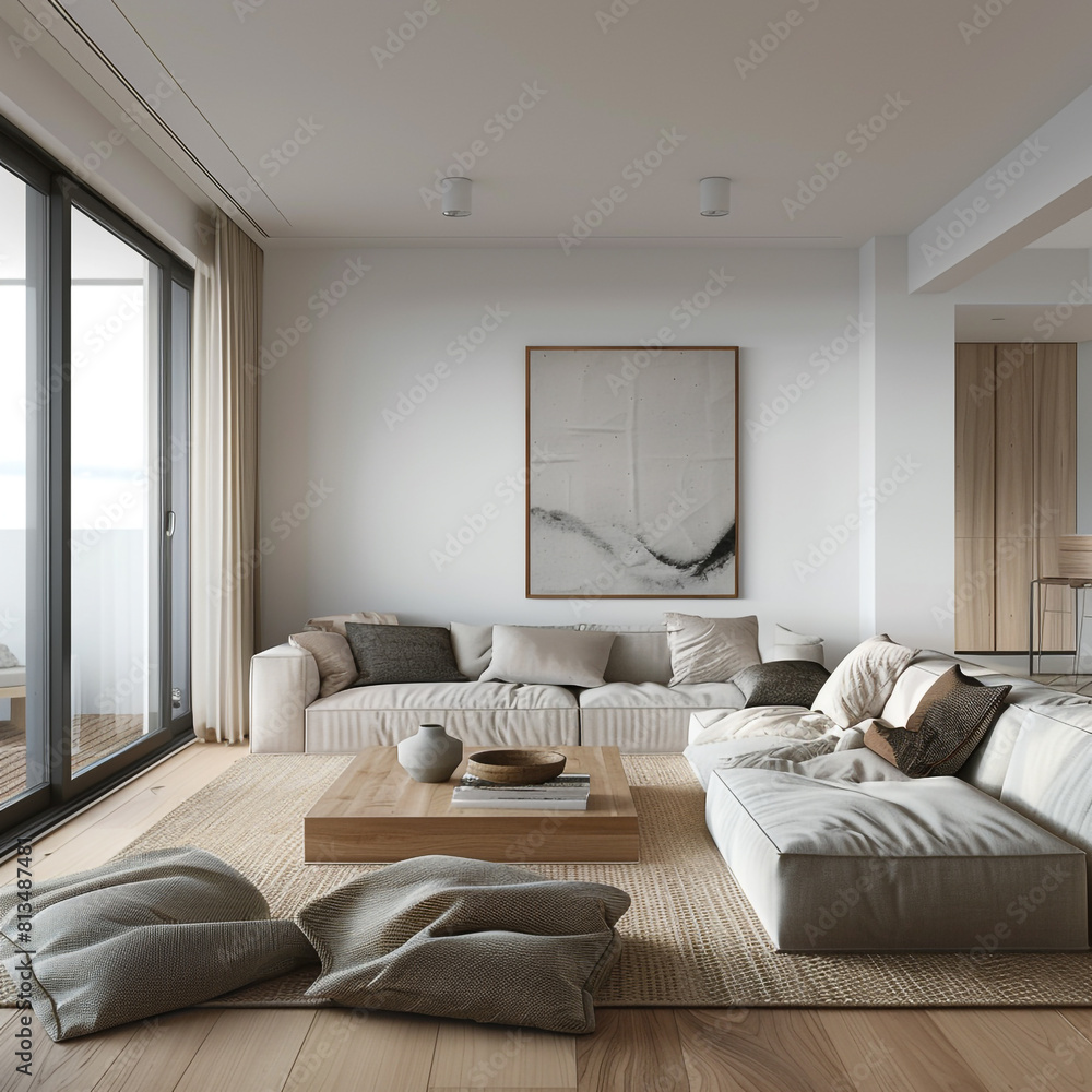 Minimalist Scandinavian living room with a focus on spaciousness, featuring minimal furniture and maximum comfort. Minimalist Scandinavian living room with a focus on spaciousness, featuring minimal furniture and maximum comfort.