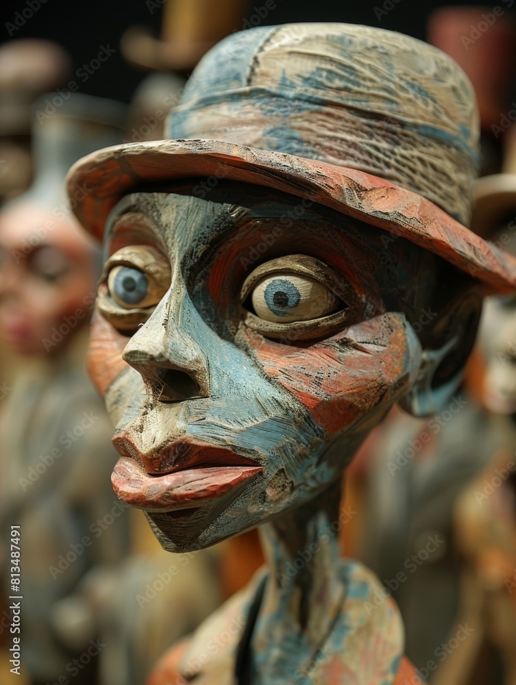 Captivating wooden puppet dons a classic bowler hat, showcasing intricate carvings and vivid facial expressions in a rustic setting Captivating wooden puppet dons a classic bowler hat, showcasing intricate carvings and vivid facial expressions in a rustic setting