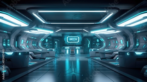 Futuristic corridor with circular architecture in a sci-fi spaceship. Image of modern corridor of spacecraft interior with bright blue light. Concept for advanced technology and space travel. AIG35.