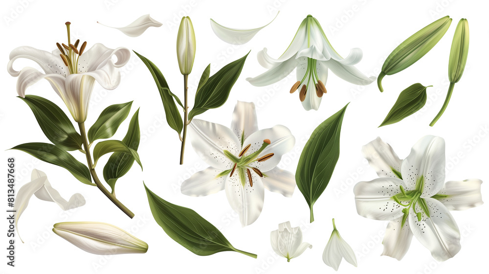 Naklejka premium Set of lily elements including lily flowers, buds, petals, and leaves,