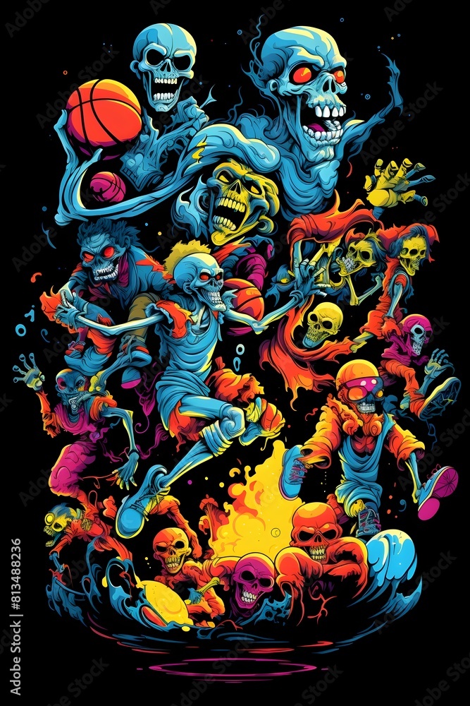 Fototapeta premium Thrilling Street Basketball Tournament with Vibrant Psychedelic Aesthetic