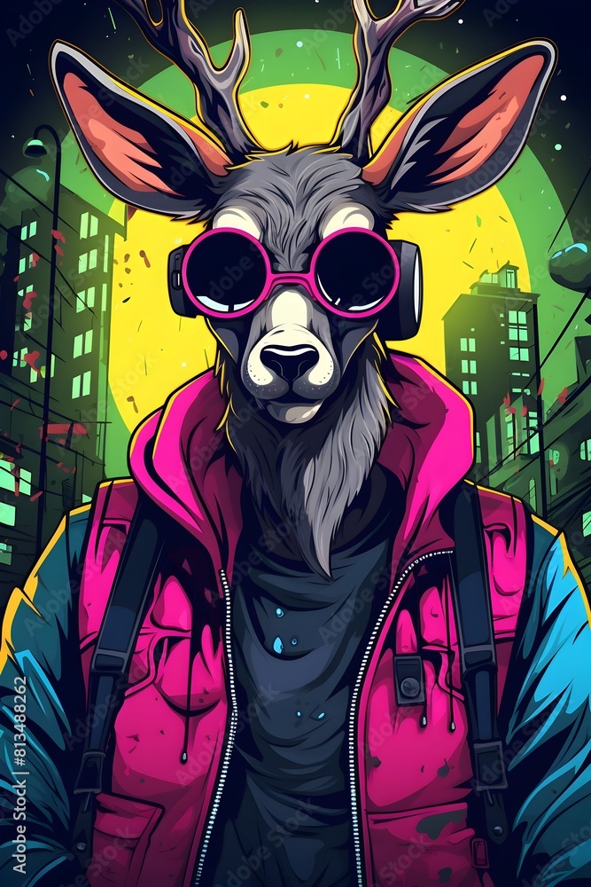 Trendy Deer Character in 90s Synthwave Urban Fashion