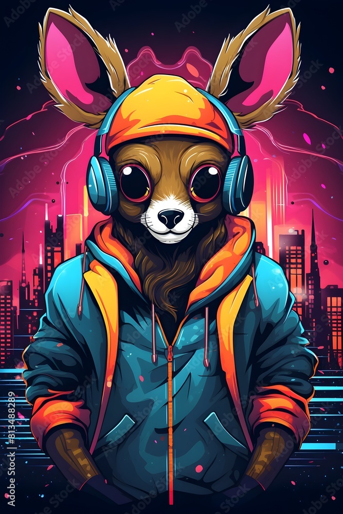 Trendy Deer Character in Retro 90s Synthwave City Backdrop with Bold Outline and Vibrant Colors