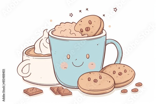 Cartoon cute doodles of a character winding down with a cup of warm milk and cookies, ready to drift off to sleep with a contented smile, Generative AI photo