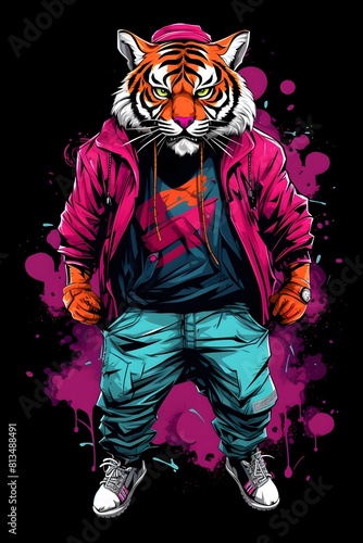 Trendy Tiger Character in Streetwear Prowling the Urban Landscape with Retro 90s Synthwave Elements
