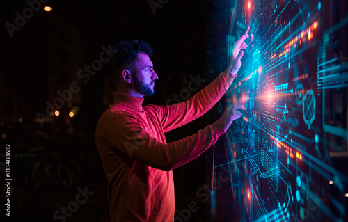 Businessman touching and examining big blockchain data at night photo