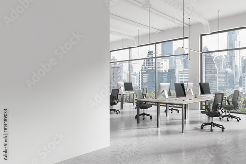 Schilderij op canvas Office workplace interior with pc desktop on tables in row, window