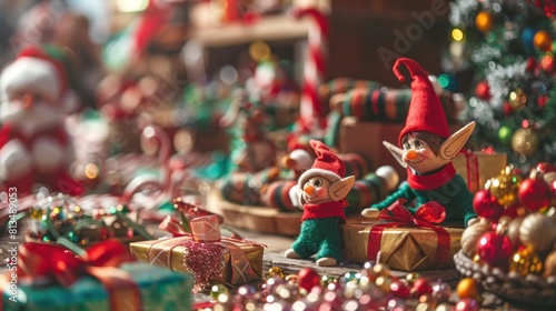 handmade gifts and decorations in Santa's workshop, surrounded by ribbons, bows, and glitter 