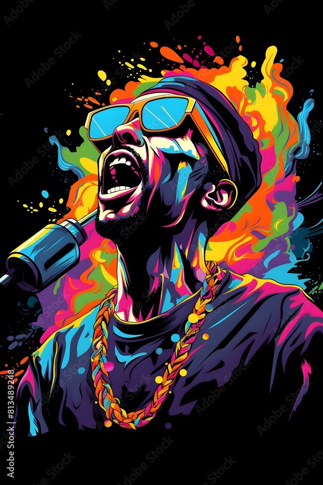 Vibrant Psychedelic of a Hip Hop Rapping on Stage with Microphone Headphones and Bling Jewelry Vibrant Psychedelic of a Hip Hop Rapping on Stage with Microphone Headphones and Bling Jewelry