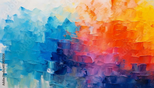 Abstract oil painting of many coloured smudges  transitioning colours from cold to warm hues  blue purple orange background.