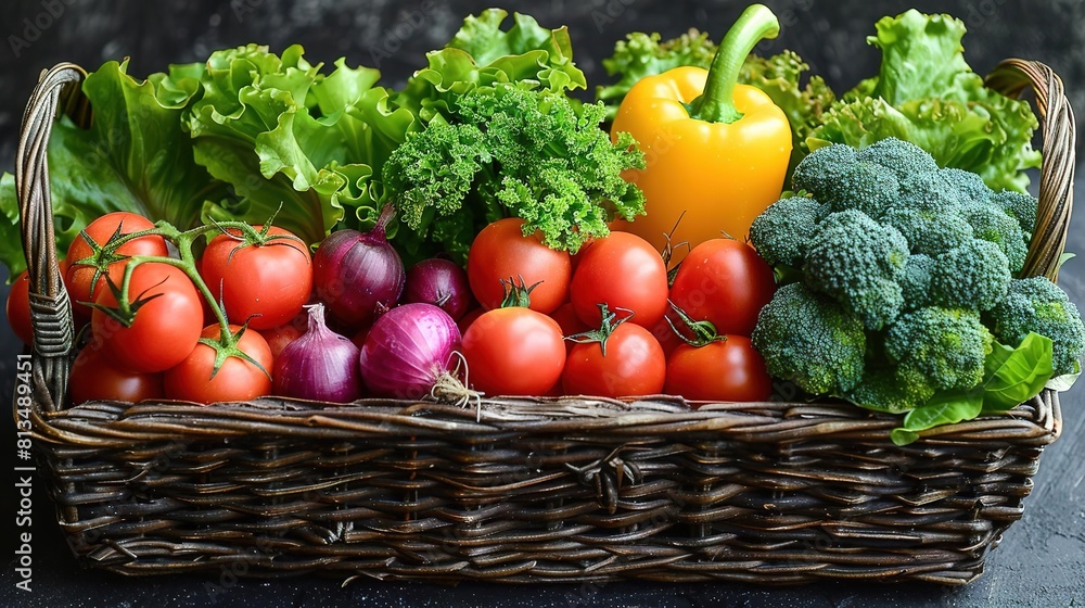 Fototapeta premium A wicker basket filled with fresh, colorful vegetables