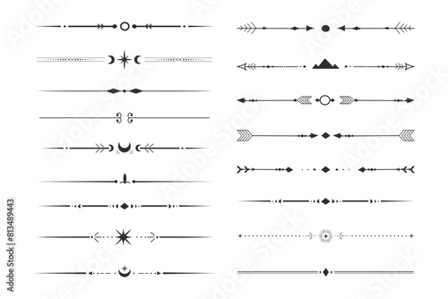 Set tribal ethnic arrow dividers, native indian bow boho in doodle style isolated on white background. Collection borders, decoration elements