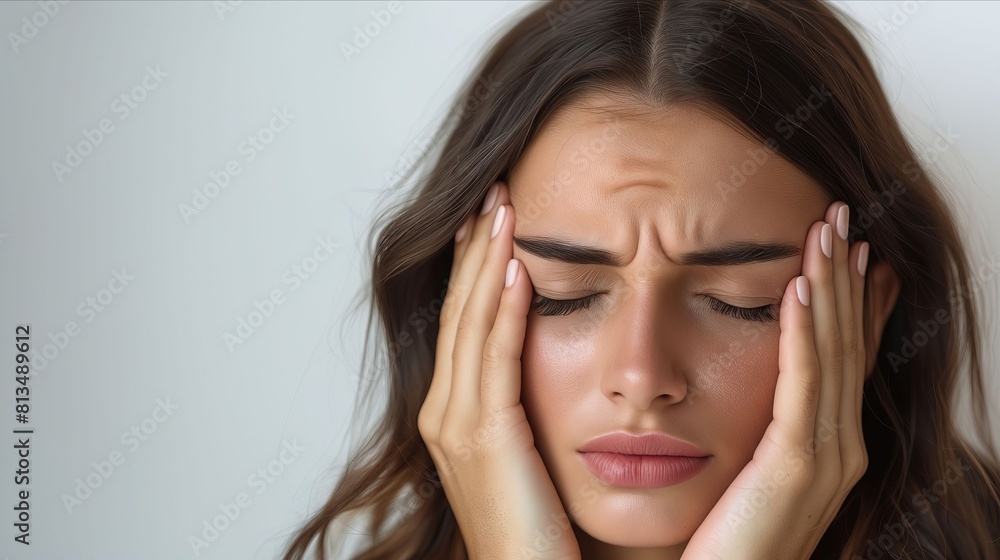 A woman holding her hands to her head with her eyes closed. A woman holding her hands to her head with her eyes closed.