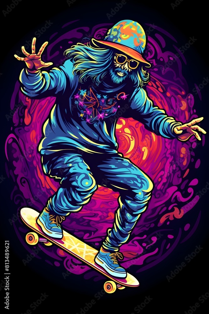 Vibrant Skater Performing Psychedelic Manual Trick on Skateboard in Urban Street Setting Vibrant Skater Performing Psychedelic Manual Trick on Skateboard in Urban Street Setting