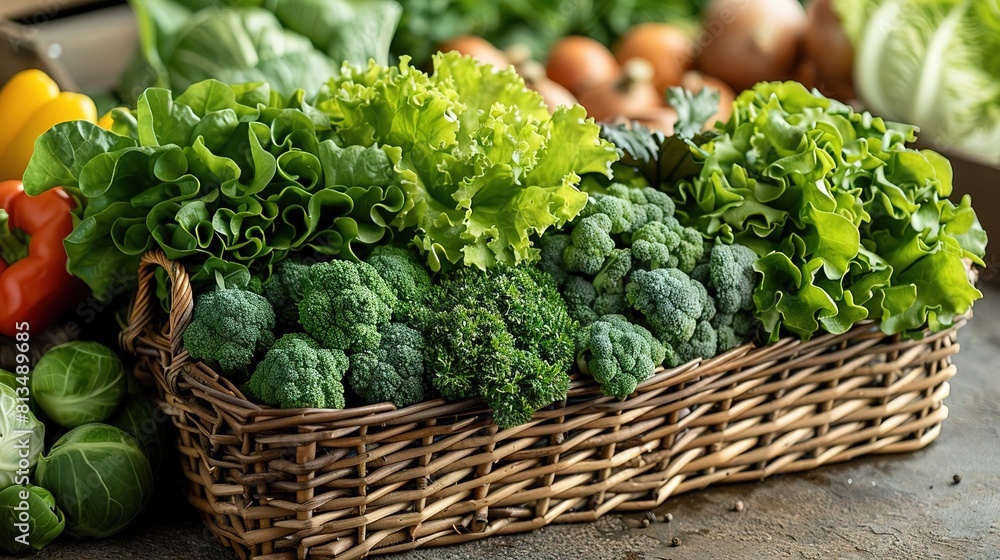 A wicker basket filled with fresh, organic vegetables, including broccoli, lettuce, and cabbage A wicker basket filled with fresh, organic vegetables, including broccoli, lettuce, and cabbage