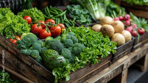 A variety of fresh vegetables are on display at a market. There are green beans  tomatoes  radishes  lettuce  and broccoli. The vegetables are all arranged in wooden crates.