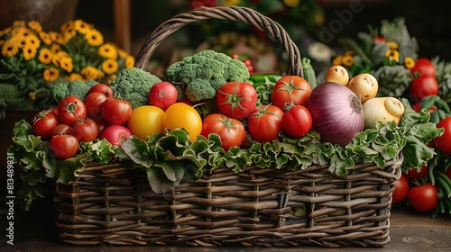 A beautiful still life of a wicker basket filled with fresh, colorful vegetables