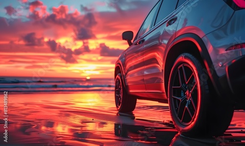 car luxury SUV parked on the beach with beautiful vibrant red sunset sky, summer road trip travel vacation concept © Lucky Ai