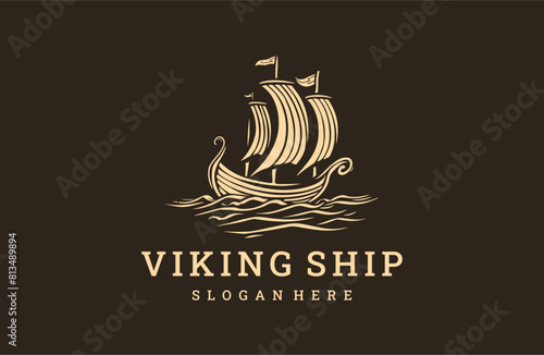 Viking ship logo style icon design template flat vector