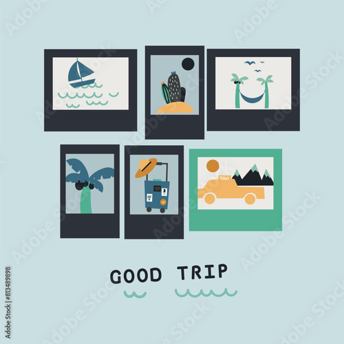 Good trip. Nature and travel photocards: beach, palm trees, mountains. travel and vacation concept.Travel card, poster vector flat style illustration. photocard snapshot illustration photo