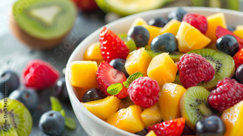 A bowl of fruit salad with strawberries  blueberries  kiwi  and pineapple