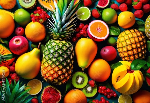 colorful tropical fruits displaying vibrant hues exotic selection, mango, pineapple, papaya, dragonfruit, kiwi, passionfruit, guava, lychee, coconut, banana photo