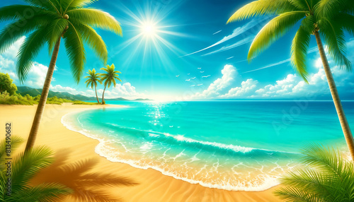 Serene Tropical Beach With Palm Trees Under a Radiant Sun