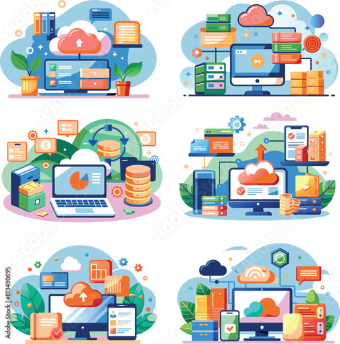 Set of flat technology, online storage backup icon, vector illustration.