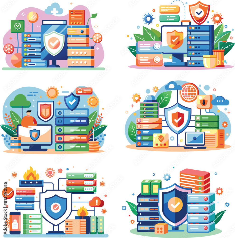 Set of flat technology, server security icon, vector illustration. Set of flat technology, server security icon, vector illustration.