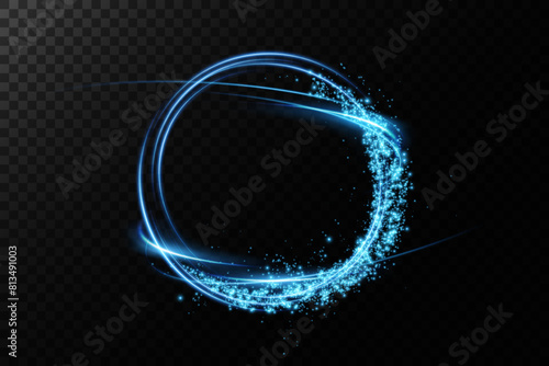 Magic portals on the night scene. Blue round holograms with rays of light and sparkles. Glowing futuristic teleport tunnel with copy space on black background.	