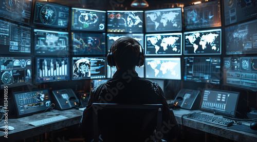 A control room, men in black headquarters with monitors and stuff showing technical information and charts. Man in chair is facing screens wearing headphones. Generative AI.