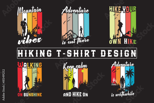 Hiking t shirt design for print on demand, adventure mountain outdoor hiking custom t-shirt design bundle, Adventure is Calling Hiking