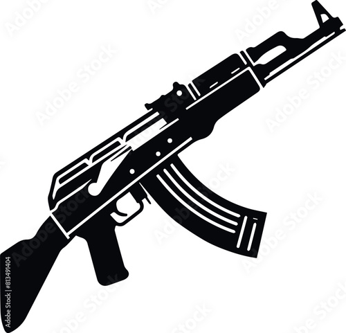 Submachine gun icon or sign isolated on white background. Kalashnikov or AK47 black silhouette.