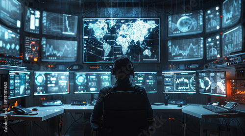 A control room, men in black headquarters with monitors and stuff showing technical information and charts. Man in chair is facing screens wearing headphones. Generative AI. photo