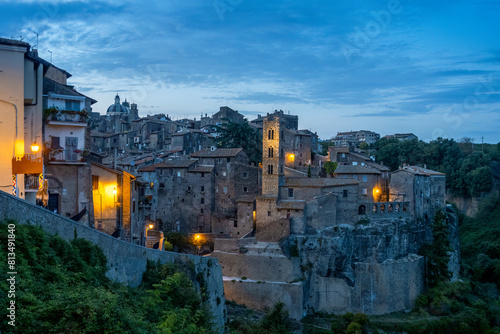 Illuminated Ronciglione village at blue hour in Province of Viterbo, Lazio, Italy photo