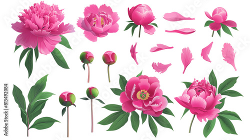 Set of peony elements including peony blooms  buds  petals  and leaves