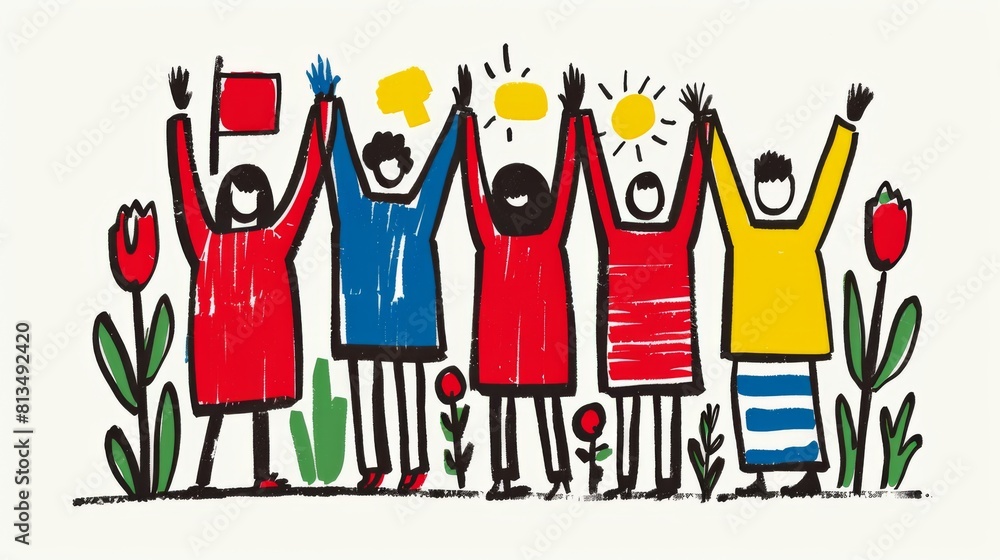 Illustration of a joyful group of people holding up geometric shapes, with a whimsical, hand-drawn style. Illustration of a joyful group of people holding up geometric shapes, with a whimsical, hand-drawn style.