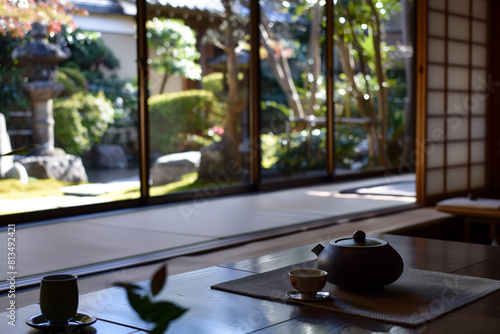 Traditional Japanese Tea Ceremony Setting by the Window