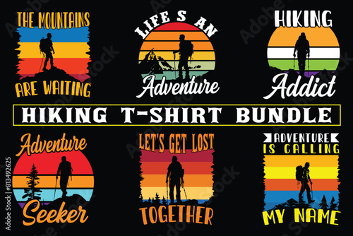 Hiking t shirt design for print on demand, adventure mountain outdoor hiking custom t-shirt design bundle, Adventure is Calling Hiking