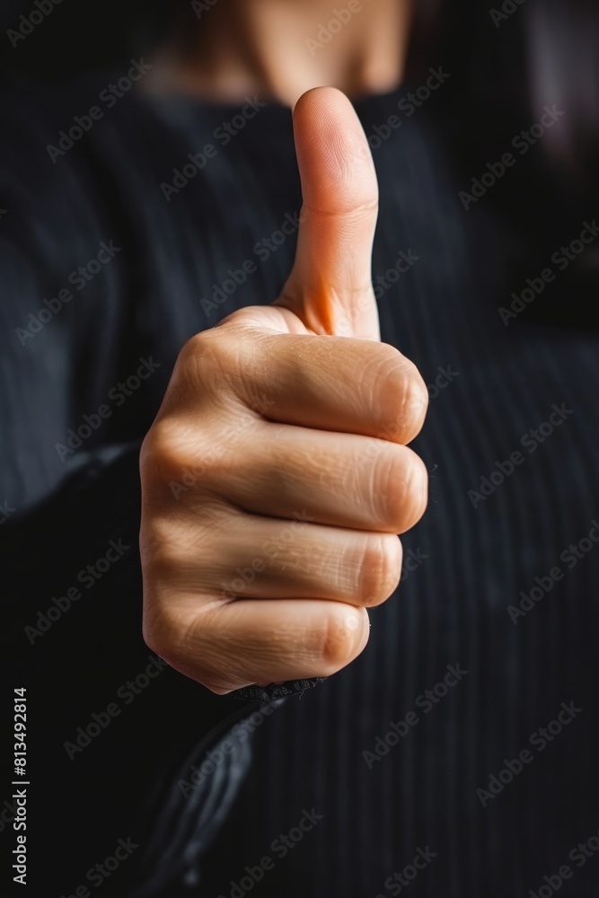 Close up of female hand giving thumbs up gesture, expressing approval and liking Close up of female hand giving thumbs up gesture, expressing approval and liking